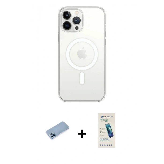 MARSİLYAN™- iPhone 13 Pro Max Kılıf Ahenk Yansıma Prime - Şeffaf Pasifik Cam Ekran Koruyucu + Mavi Shine Kamera Lens Koruma Cam