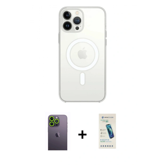 MARSİLYAN™- iPhone 13 Pro Max Kılıf Ahenk Yansıma Prime - Şeffaf Pasifik Cam Ekran Koruyucu + Neon Fosforlu Kamera Lens - YL