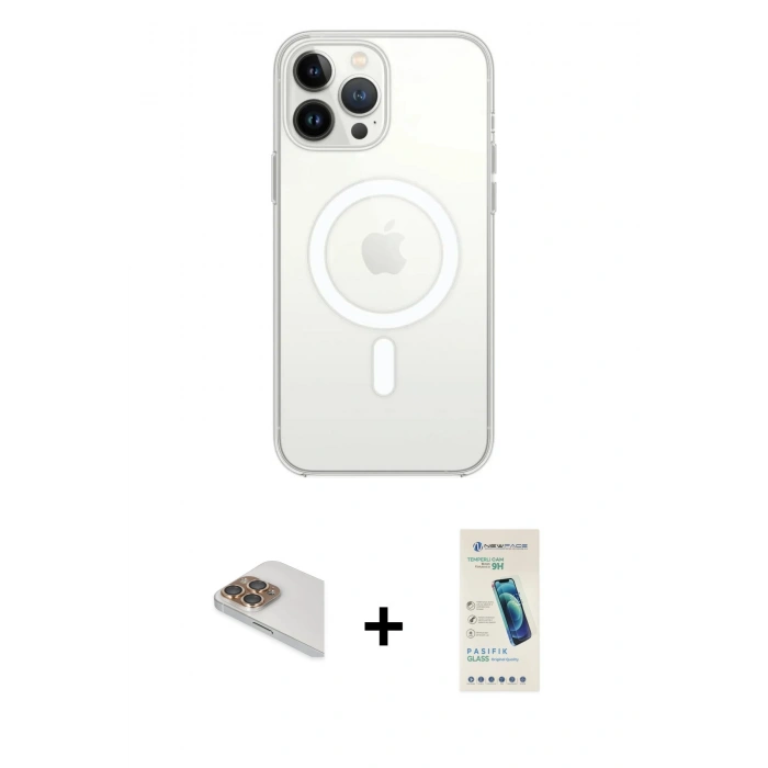 MARSİLYAN™- iPhone 13 Pro Max Kılıf Ahenk Yansıma Prime - Şeffaf Pasifik Cam Ekran Koruyucu + Pers Alüminyum Kamera Lens - GD
