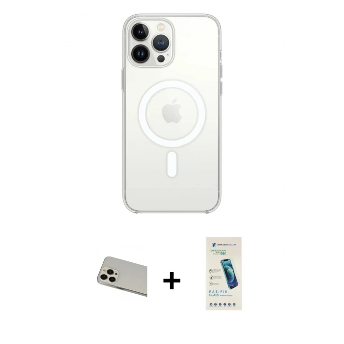 MARSİLYAN™- iPhone 13 Pro Max Kılıf Ahenk Yansıma Prime - Şeffaf Pasifik Cam Ekran Koruyucu + Rainbow Kamera Lens Koruma Cam - REGD