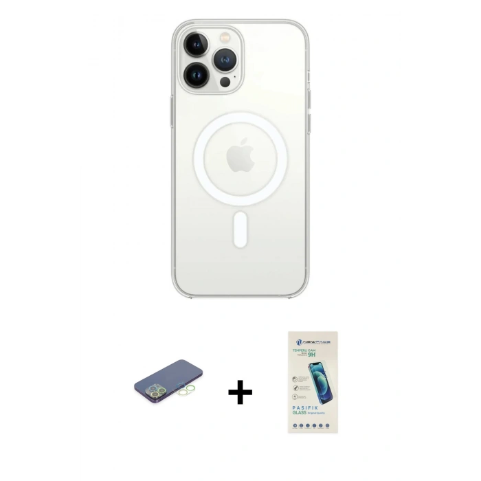 MARSİLYAN™- iPhone 13 Pro Max Kılıf Ahenk Yansıma Prime - Şeffaf Pasifik Cam Ekran Koruyucu + Renkli Kamera Lens Koruma Cam - YL