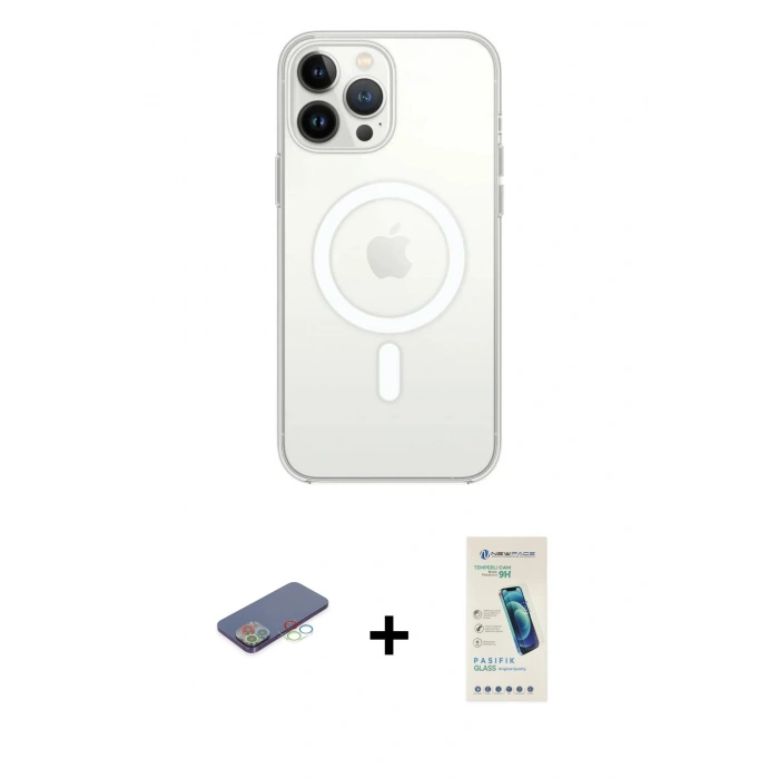 MARSİLYAN™- iPhone 13 Pro Max Kılıf Ahenk Yansıma Prime - Şeffaf Pasifik Cam Ekran Koruyucu + Renkli Kamera Lens Koruma Cam - MI