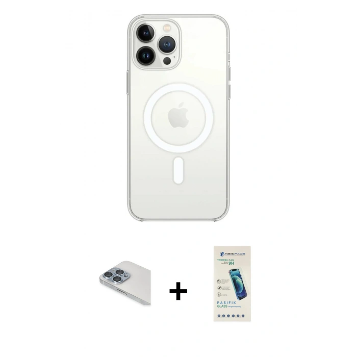 MARSİLYAN™- iPhone 13 Pro Max Kılıf Ahenk Yansıma Prime - Şeffaf Pasifik Cam Ekran Koruyucu + Pers Alüminyum Kamera Lens - SABE
