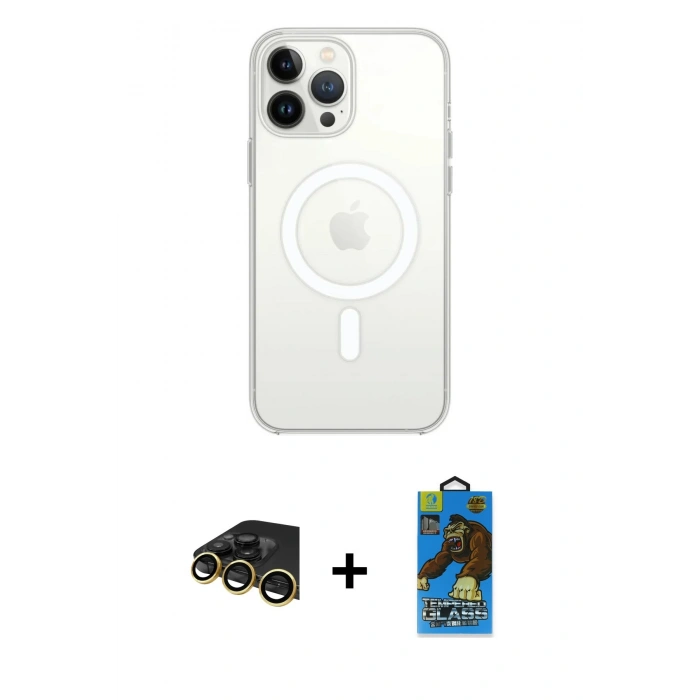 MARSİLYAN™- iPhone 13 Pro Max Kılıf Ahenk Yansıma Prime - Siyah 18D Cam Ekran Koruyucu + Raze Metal Kamera Lens - GD