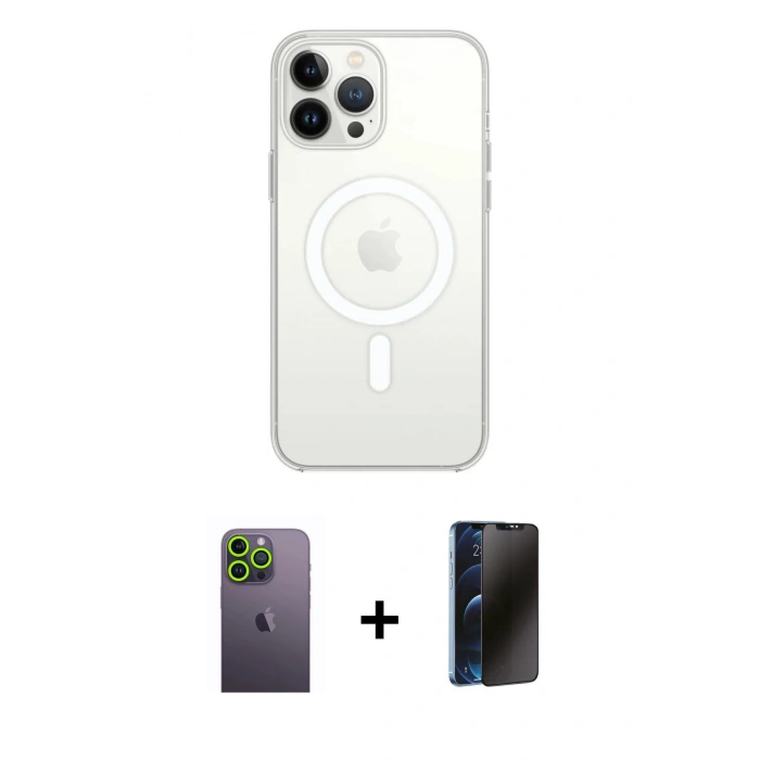 MARSİLYAN™- iPhone 13 Pro Max Kılıf Ahenk Yansıma Prime - Siyah 3D Antistatik Hayalet Cam Ekran Koruyucu + Neon Fosforlu Kamera Lens - YL