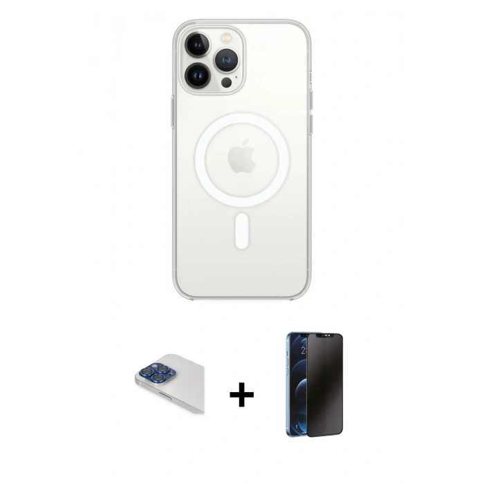 MARSİLYAN™- iPhone 13 Pro Max Kılıf Ahenk Yansıma Prime - Siyah 3D Antistatik Hayalet Cam Ekran Koruyucu + Pers Alüminyum Kamera Lens - LT