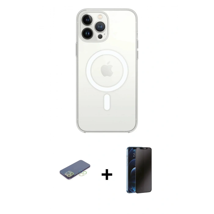 MARSİLYAN™- iPhone 13 Pro Max Kılıf Ahenk Yansıma Prime - Siyah 3D Antistatik Hayalet Cam Ekran Koruyucu + Renkli Kamera Lens Koruma Cam - YL