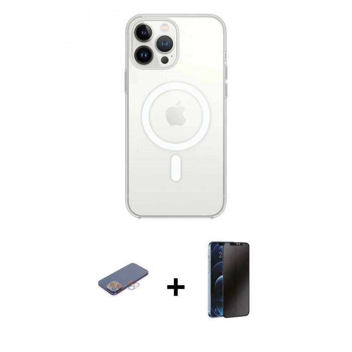 MARSİLYAN™- iPhone 13 Pro Max Kılıf Ahenk Yansıma Prime - Siyah 3D Antistatik Hayalet Cam Ekran Koruyucu + Renkli Kamera Lens Koruma Cam - PE