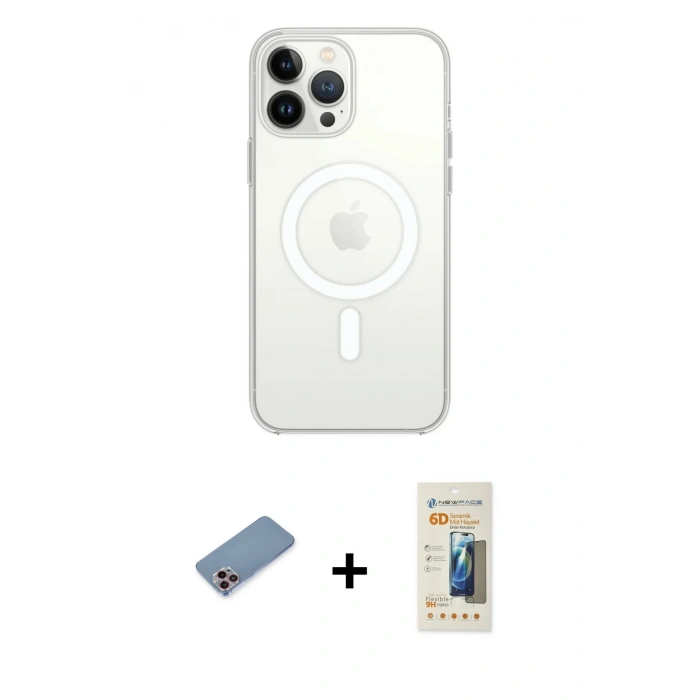 MARSİLYAN™- iPhone 13 Pro Max Kılıf Ahenk Yansıma Prime - Siyah 6D Mat Seramik Hayalet Nano Ekran Koruyucu + Pembe Shine Kamera Lens Koruma Cam