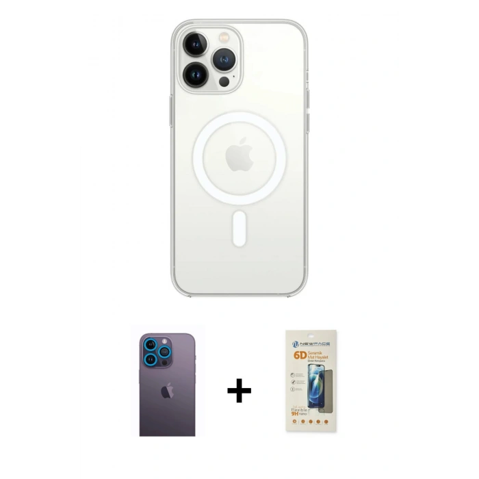 MARSİLYAN™- iPhone 13 Pro Max Kılıf Ahenk Yansıma Prime - Siyah 6D Mat Seramik Hayalet Nano Ekran Koruyucu + Neon Fosforlu Kamera Lens - MI