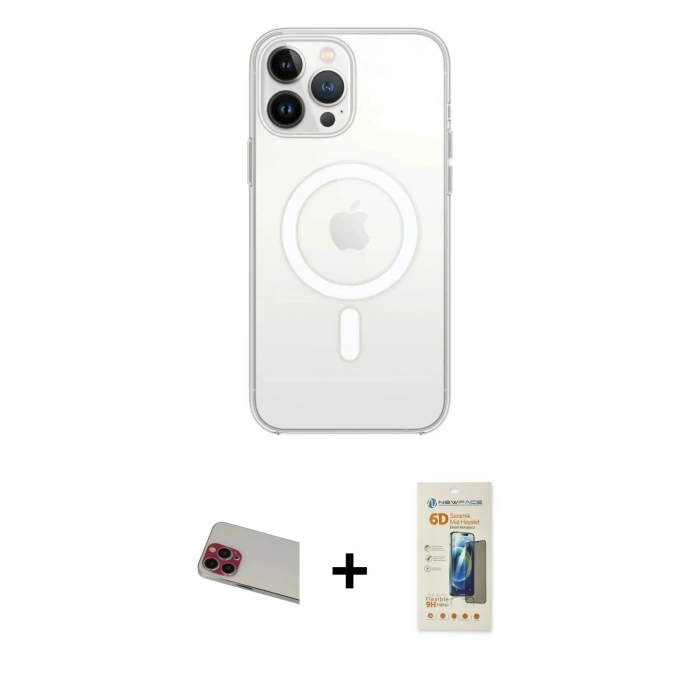MARSİLYAN™- iPhone 13 Pro Max Kılıf Ahenk Yansıma Prime - Siyah 6D Mat Seramik Hayalet Nano Ekran Koruyucu + Kırmızı Rainbow Kamera Lens Koruma Cam