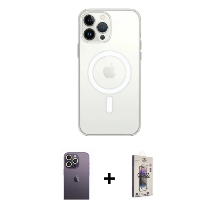 MARSİLYAN™- iPhone 13 Pro Max Kılıf Ahenk Yansıma Prime - Siyah Bilvis 3D Cam Ekran Koruyucu + Beyaz Neon Fosforlu Kamera Lens