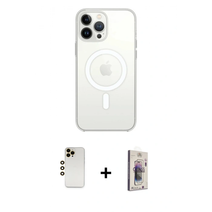 MARSİLYAN™- iPhone 13 Pro Max Kılıf Ahenk Yansıma Prime - Siyah Bilvis 3D Cam Ekran Koruyucu + Gold Shine Kamera Lens
