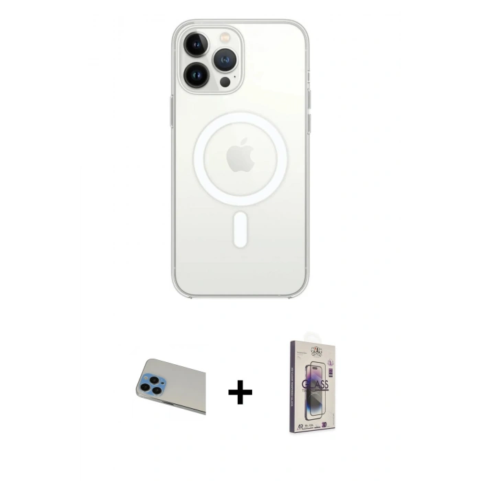 MARSİLYAN™- iPhone 13 Pro Max Kılıf Ahenk Yansıma Prime - Siyah Bilvis 3D Cam Ekran Koruyucu + Mavi Rainbow Kamera Lens Koruma Cam