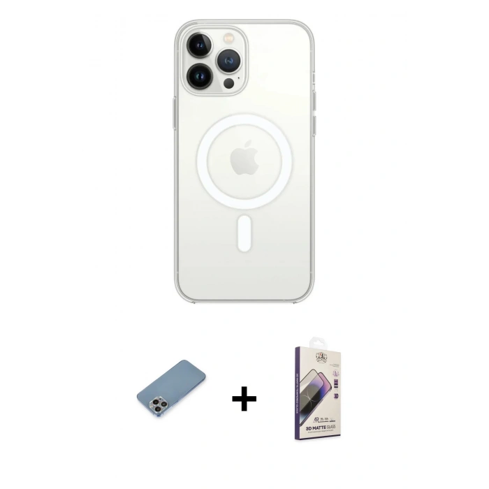 MARSİLYAN™- iPhone 13 Pro Max Kılıf Ahenk Yansıma Prime - Siyah Bilvis 3D Mat Cam Ekran Koruyucu + Shine Kamera Lens Koruma Cam - GI