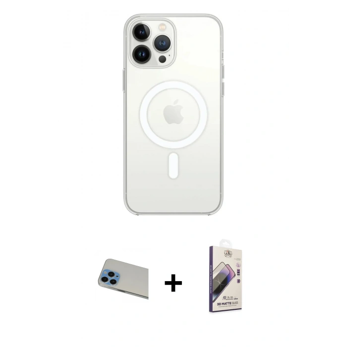 MARSİLYAN™- iPhone 13 Pro Max Kılıf Ahenk Yansıma Prime - Siyah Bilvis 3D Mat Cam Ekran Koruyucu + Mavi Rainbow Kamera Lens Koruma Cam