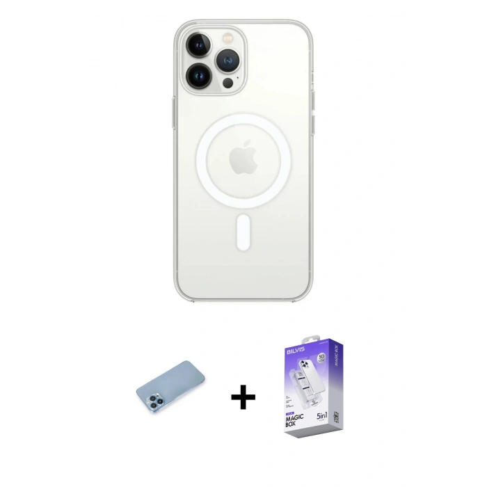 MARSİLYAN™- iPhone 13 Pro Max Kılıf Ahenk Yansıma Prime - Siyah Bilvis 5in1 3D Magic Cam Ekran Koruyucu + Mavi Shine Kamera Lens Koruma Cam