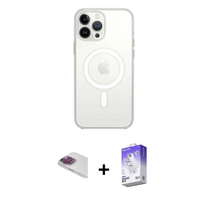MARSİLYAN™- iPhone 13 Pro Max Kılıf Ahenk Yansıma Prime - Siyah Bilvis 5in1 3D Magic Cam Ekran Koruyucu + Pers Alüminyum Kamera Lens - GI