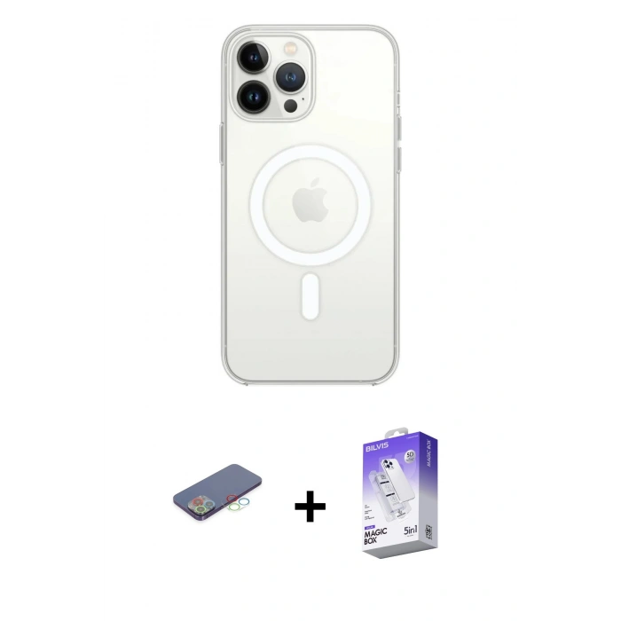 MARSİLYAN™- iPhone 13 Pro Max Kılıf Ahenk Yansıma Prime - Siyah Bilvis 5in1 3D Magic Cam Ekran Koruyucu + Renkli Kamera Lens Koruma Cam - MI