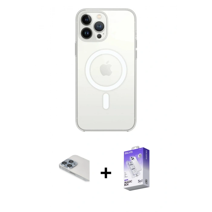 MARSİLYAN™- iPhone 13 Pro Max Kılıf Ahenk Yansıma Prime - Siyah Bilvis 5in1 3D Magic Cam Ekran Koruyucu + Pers Alüminyum Kamera Lens - SABE