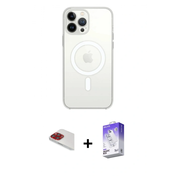 MARSİLYAN™- iPhone 13 Pro Max Kılıf Ahenk Yansıma Prime - Siyah Bilvis 5in1 3D Magic Cam Ekran Koruyucu + Kırmızı Pers Alüminyum Kamera Lens