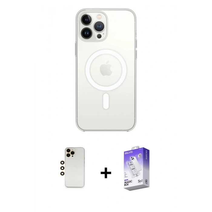 MARSİLYAN™- iPhone 13 Pro Max Kılıf Ahenk Yansıma Prime - Siyah Bilvis 5in1 3D Magic Cam Ekran Koruyucu + Shine Kamera Lens - GD
