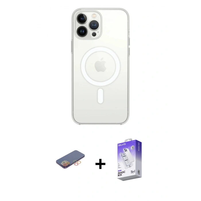MARSİLYAN™- iPhone 13 Pro Max Kılıf Ahenk Yansıma Prime - Siyah Bilvis 5in1 3D Magic Cam Ekran Koruyucu + Renkli Kamera Lens Koruma Cam - TU