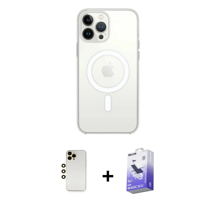 MARSİLYAN™- iPhone 13 Pro Max Kılıf Ahenk Yansıma Prime - Siyah Bilvis 5in1 5D Magic Hayalet Cam Ekran Koruyucu + Shine Kamera Lens - GD