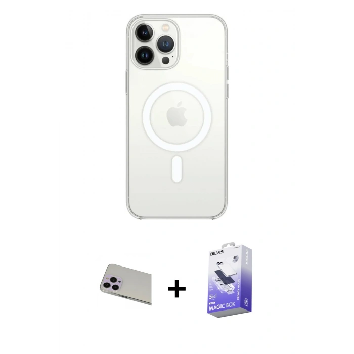 MARSİLYAN™- iPhone 13 Pro Max Kılıf Ahenk Yansıma Prime - Siyah Bilvis 5in1 5D Magic Hayalet Cam Ekran Koruyucu + Rainbow Kamera Lens Koruma Cam - MR