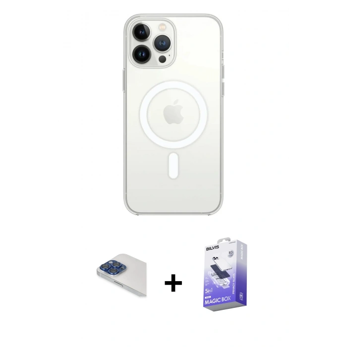 MARSİLYAN™- iPhone 13 Pro Max Kılıf Ahenk Yansıma Prime - Siyah Bilvis 5in1 5D Magic Hayalet Cam Ekran Koruyucu + Pers Alüminyum Kamera Lens - LT
