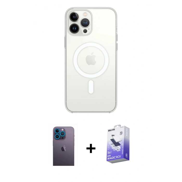 MARSİLYAN™- iPhone 13 Pro Max Kılıf Ahenk Yansıma Prime - Siyah Bilvis 5in1 5D Magic Hayalet Cam Ekran Koruyucu + Neon Fosforlu Kamera Lens - MI