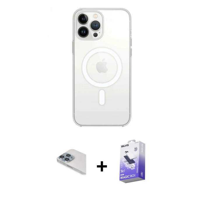 MARSİLYAN™- iPhone 13 Pro Max Kılıf Ahenk Yansıma Prime - Siyah Bilvis 5in1 5D Magic Hayalet Cam Ekran Koruyucu + Pers Alüminyum Kamera Lens - SABE