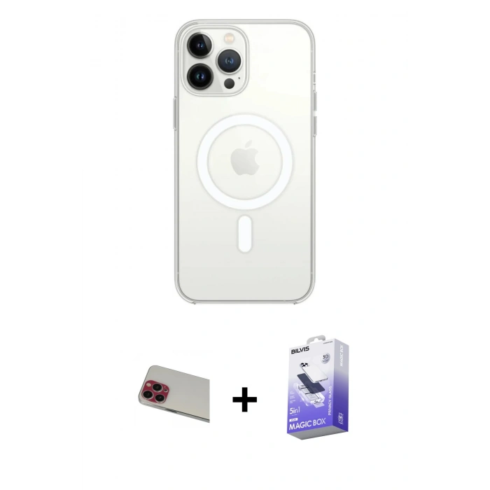 MARSİLYAN™- iPhone 13 Pro Max Kılıf Ahenk Yansıma Prime - Siyah Bilvis 5in1 5D Magic Hayalet Cam Ekran Koruyucu + Rainbow Kamera Lens Koruma Cam - KI