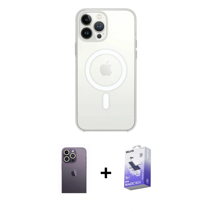 MARSİLYAN™- iPhone 13 Pro Max Kılıf Ahenk Yansıma Prime - Siyah Bilvis 5in1 5D Magic Hayalet Cam Ekran Koruyucu + Neon Fosforlu Kamera Lens - BZ