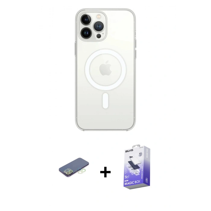 MARSİLYAN™- iPhone 13 Pro Max Kılıf Ahenk Yansıma Prime - Siyah Bilvis 5in1 5D Magic Hayalet Cam Ekran Koruyucu + Renkli Kamera Lens Koruma Cam - YL