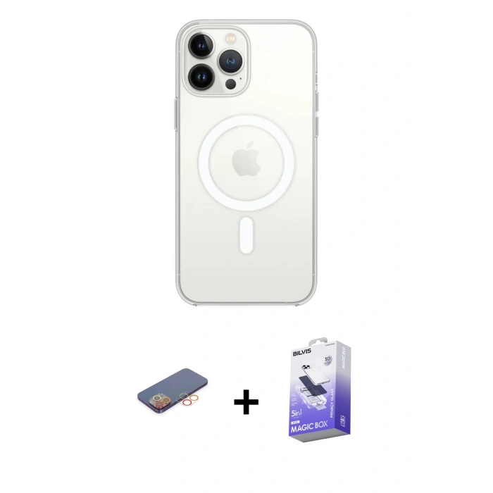 MARSİLYAN™- iPhone 13 Pro Max Kılıf Ahenk Yansıma Prime - Siyah Bilvis 5in1 5D Magic Hayalet Cam Ekran Koruyucu + Renkli Kamera Lens Koruma Cam - TU
