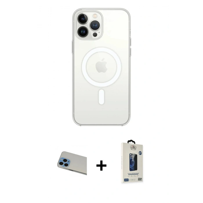 MARSİLYAN™- iPhone 13 Pro Max Kılıf Ahenk Yansıma Prime - Siyah Bilvis Hayalet Cam Ekran Koruyucu + Rainbow Kamera Lens Koruma Cam - MI