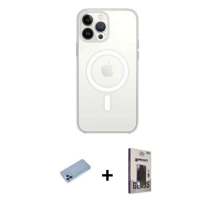 MARSİLYAN™- iPhone 13 Pro Max Kılıf Ahenk Yansıma Prime - Siyah Bilvis Hayalet Cam Ekran Koruyucu + Mavi Shine Kamera Lens Koruma Cam