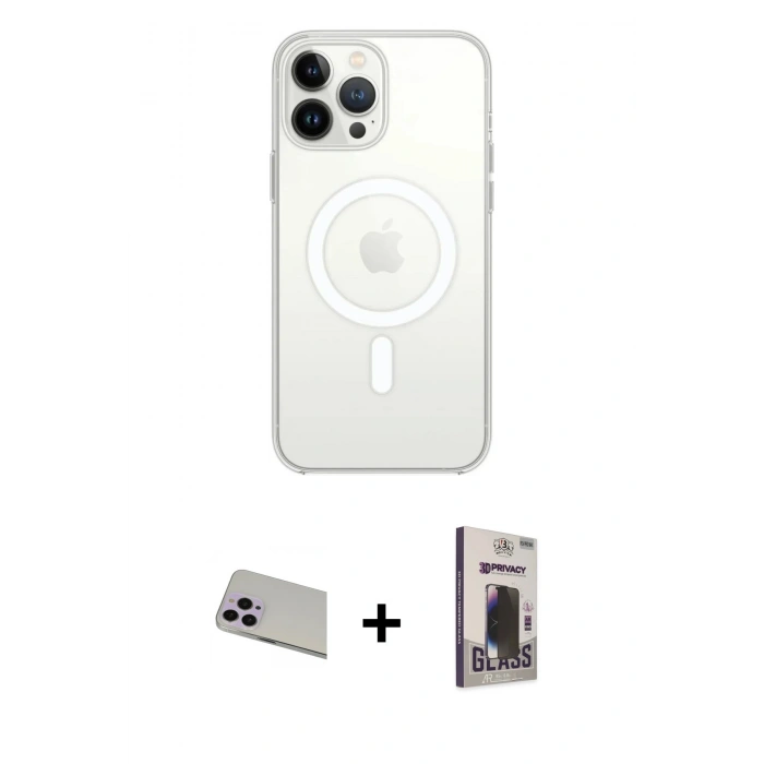 MARSİLYAN™- iPhone 13 Pro Max Kılıf Ahenk Yansıma Prime - Siyah Bilvis Hayalet Cam Ekran Koruyucu + Rainbow Kamera Lens Koruma Cam - MR