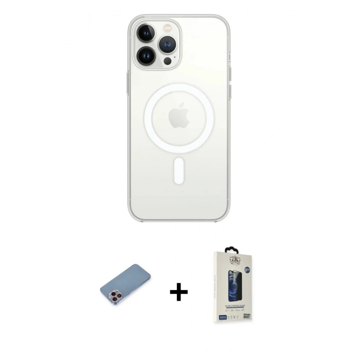 MARSİLYAN™- iPhone 13 Pro Max Kılıf Ahenk Yansıma Prime - Siyah Bilvis Hayalet Cam Ekran Koruyucu + Shine Kamera Lens Koruma Cam - PE