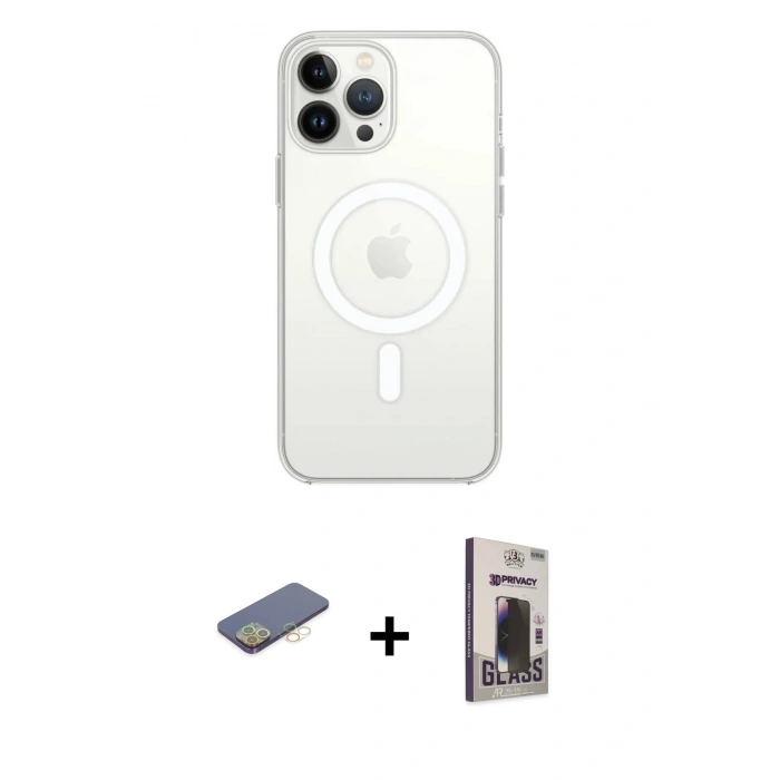 MARSİLYAN™- iPhone 13 Pro Max Kılıf Ahenk Yansıma Prime - Siyah Bilvis Hayalet Cam Ekran Koruyucu + Renkli Kamera Lens Koruma Cam - SI