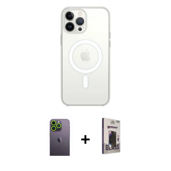MARSİLYAN™- iPhone 13 Pro Max Kılıf Ahenk Yansıma Prime - Siyah Bilvis Hayalet Cam Ekran Koruyucu + Neon Fosforlu Kamera Lens - YL