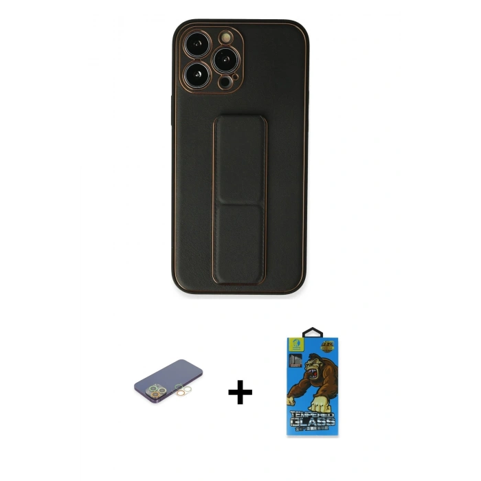 MARSİLYAN™- iPhone 13 Pro Max Kılıf Akış Doku - Siyah 18D Cam Ekran Koruyucu + Renkli Kamera Lens Koruma Cam - SI