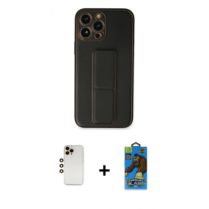 MARSİLYAN™- iPhone 13 Pro Max Kılıf Akış Doku - Siyah 18D Cam Ekran Koruyucu + Shine Kamera Lens - GD