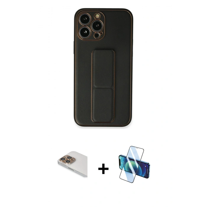 MARSİLYAN™- iPhone 13 Pro Max Kılıf Akış Doku - Siyah 3D Antistatik Cam Ekran Koruyucu + Pers Alüminyum Kamera Lens - GD
