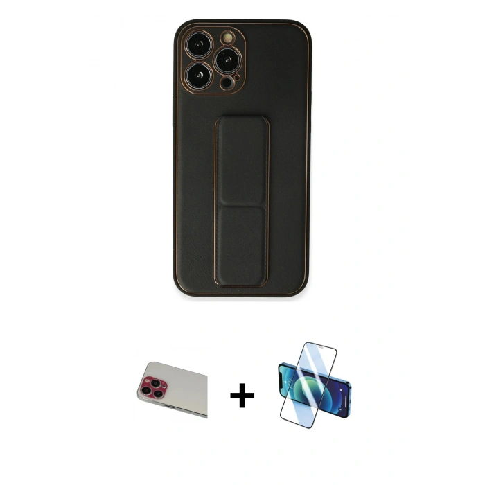 MARSİLYAN™- iPhone 13 Pro Max Kılıf Akış Doku - Siyah 3D Antistatik Cam Ekran Koruyucu + Rainbow Kamera Lens Koruma Cam - KI