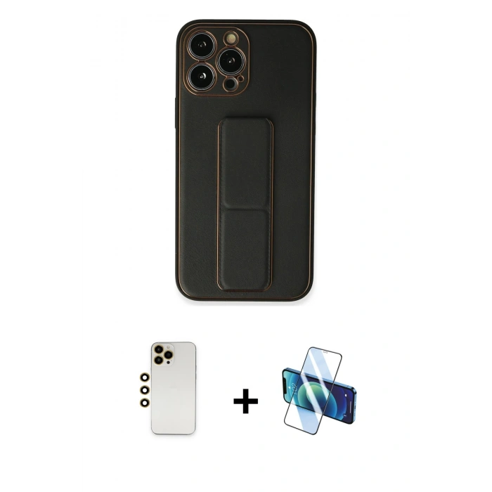 MARSİLYAN™- iPhone 13 Pro Max Kılıf Akış Doku - Siyah 3D Antistatik Cam Ekran Koruyucu + Shine Kamera Lens - GD