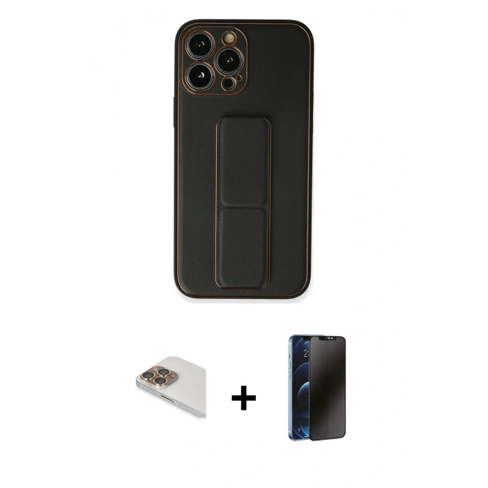 MARSİLYAN™- iPhone 13 Pro Max Kılıf Akış Doku - Siyah 3D Antistatik Hayalet Cam Ekran Koruyucu + Pers Alüminyum Kamera Lens - GD