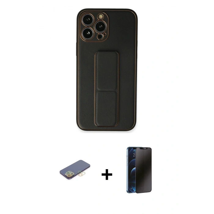 MARSİLYAN™- iPhone 13 Pro Max Kılıf Akış Doku - Siyah 3D Antistatik Hayalet Cam Ekran Koruyucu + Renkli Kamera Lens Koruma Cam - SI