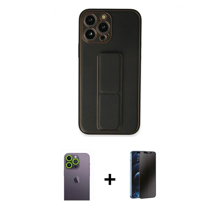 MARSİLYAN™- iPhone 13 Pro Max Kılıf Akış Doku - Siyah 3D Antistatik Hayalet Cam Ekran Koruyucu + Neon Fosforlu Kamera Lens - YL